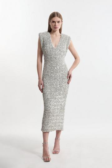 Textured Sequin Sleeveless Midi Dress silver