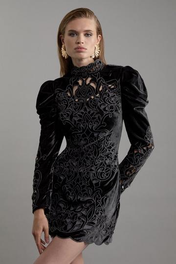 Black Barouque Placed Velvert Cutwork Puff Sleeve Woven Mini Dress