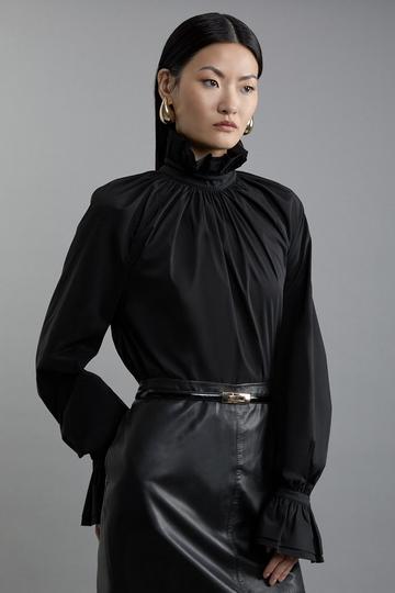 Black Poplin High Neck Ruffle Neck And Cuff Detail Woven Blouse