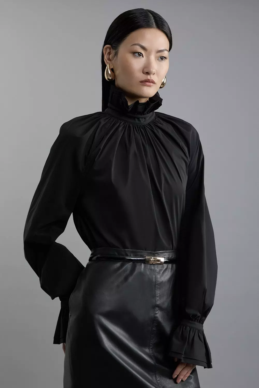 Black Poplin High Neck Ruffle Neck And Cuff Detail Woven Blouse alternative image
