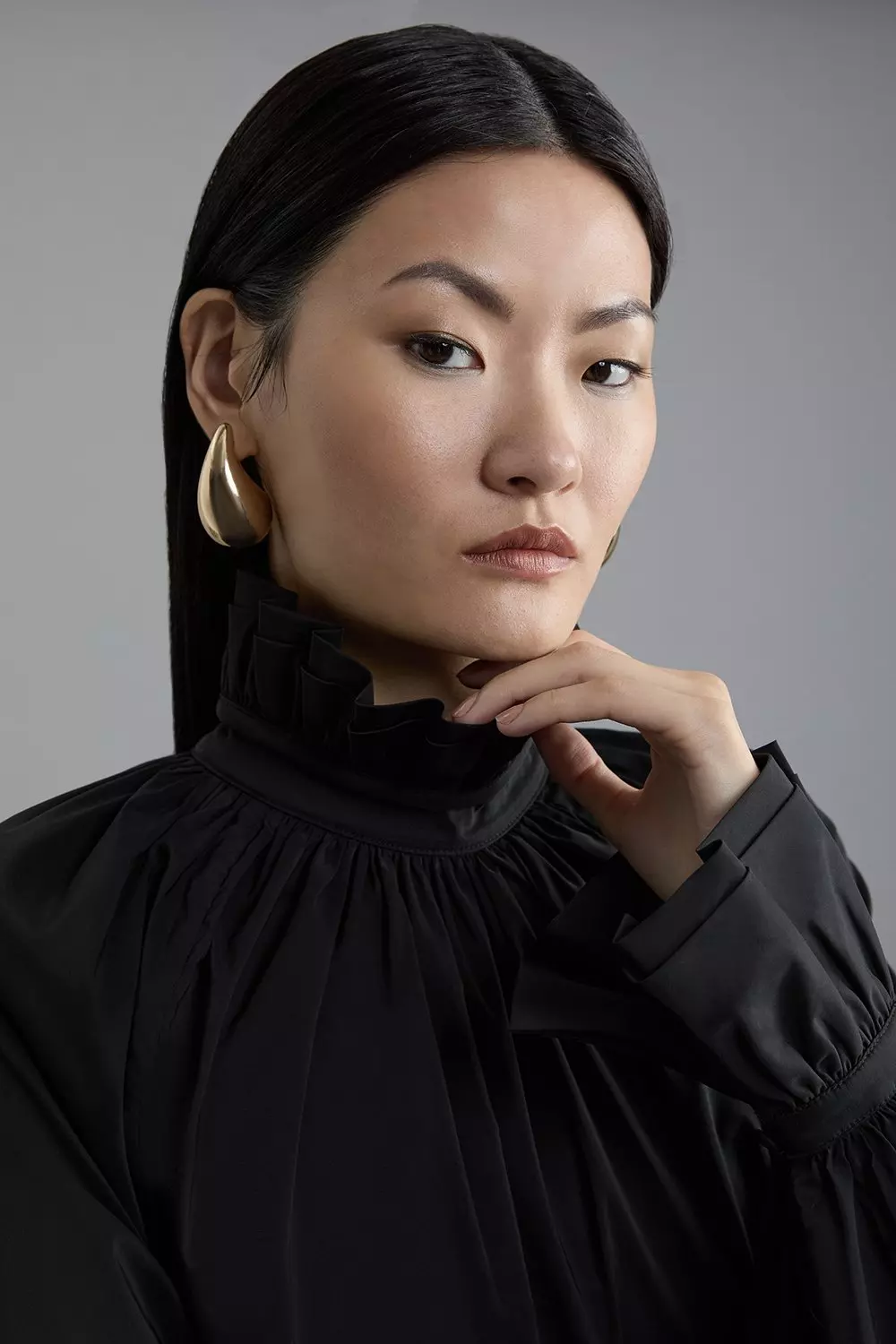 Black Poplin High Neck Ruffle Neck And Cuff Detail Woven Blouse alternative image