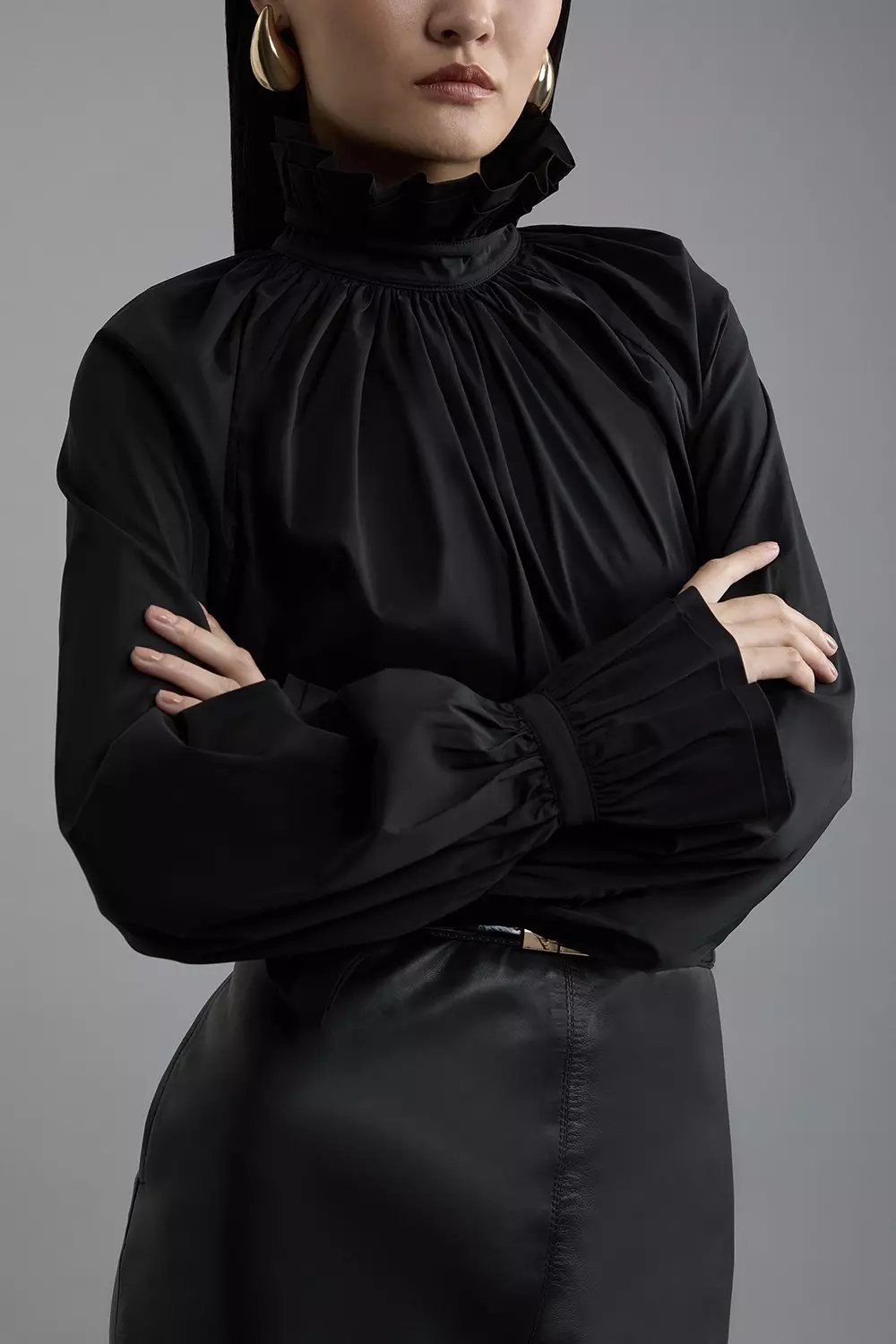 Black Poplin High Neck Ruffle Neck And Cuff Detail Woven Blouse alternative image