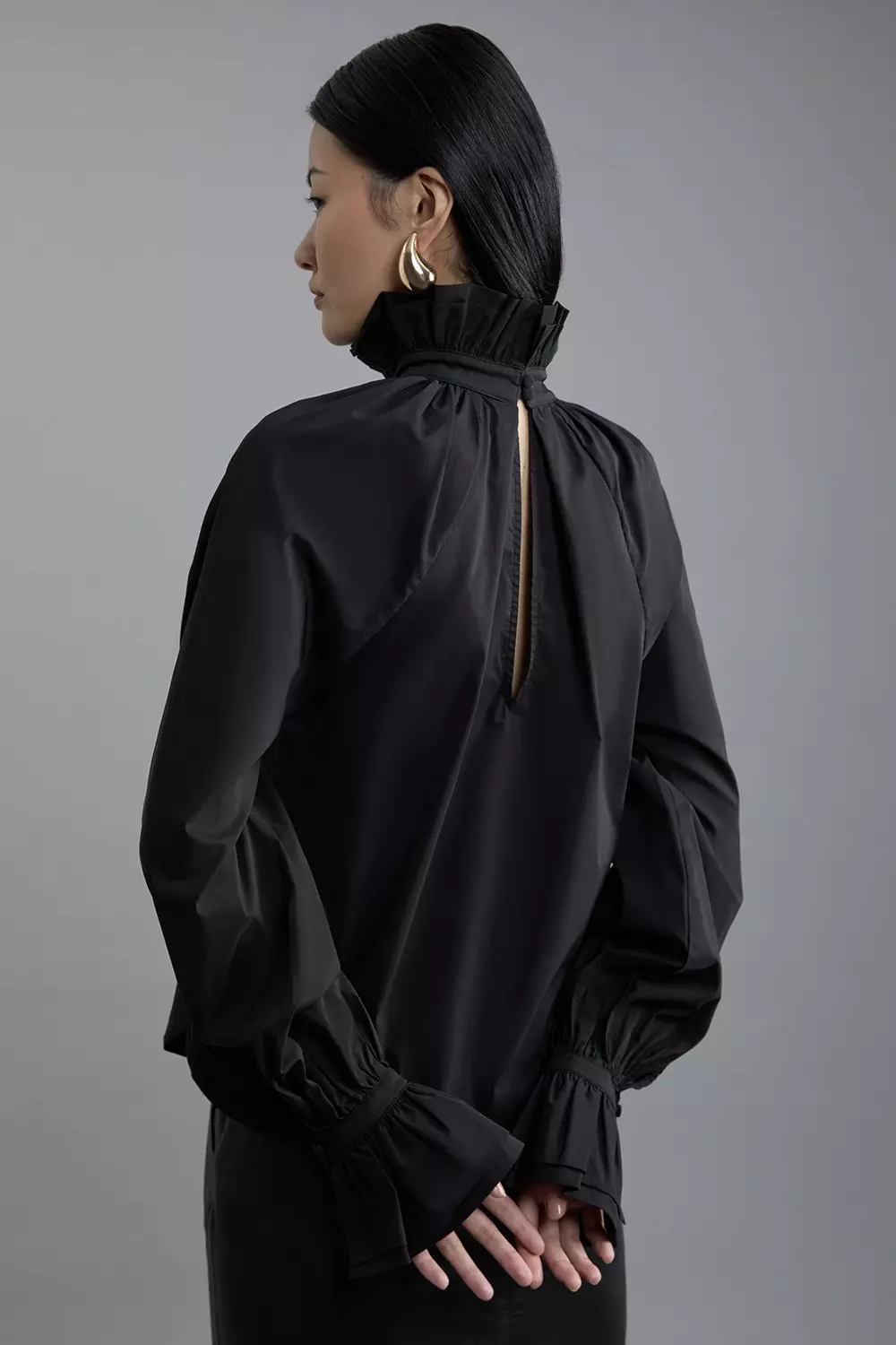 Black Poplin High Neck Ruffle Neck And Cuff Detail Woven Blouse alternative image