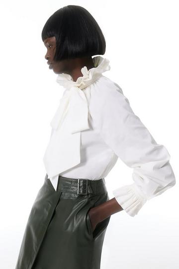 Poplin High Neck Ruffle Neck And Cuff Detail Woven Blouse white