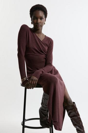 Alpaca Wool Ballet Wrap Midi Knit Dress chocolate