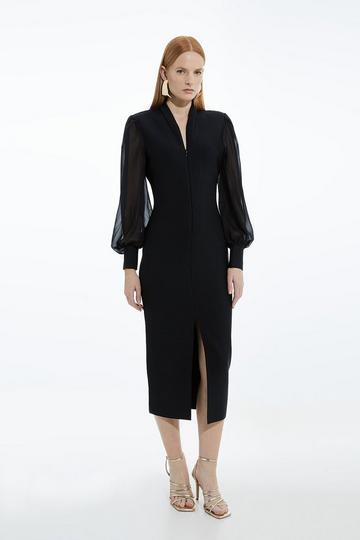 Black Bandage Figure Form Zip Detail Chiffon Sleeve Knit Dress