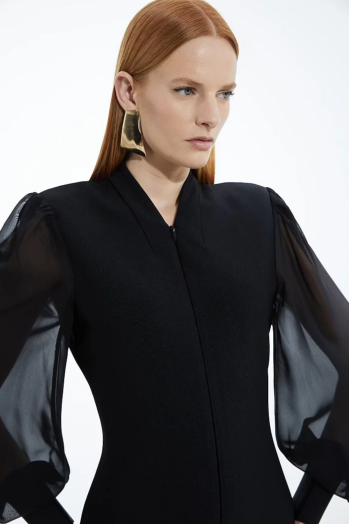 Bandage Figure Form Zip Detail Chiffon Sleeve Knit Dress | Karen Millen Bandage Figure Form Zip Detail Chiffon Sleeve Knit Dress | Karen Millen