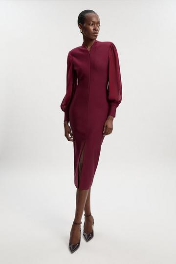 Burgundy Red Bandage Figure Form Zip Detail Chiffon Sleeve Knit Dress