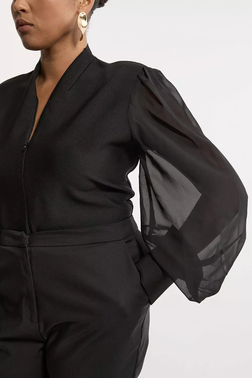 Plus Size Bandage Figure Form Zip Detail Chiffon Sleeve Knit