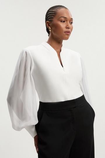 Cream White Plus Size Bandage Figure Form Zip Detail Chiffon Sleeve Knit Top
