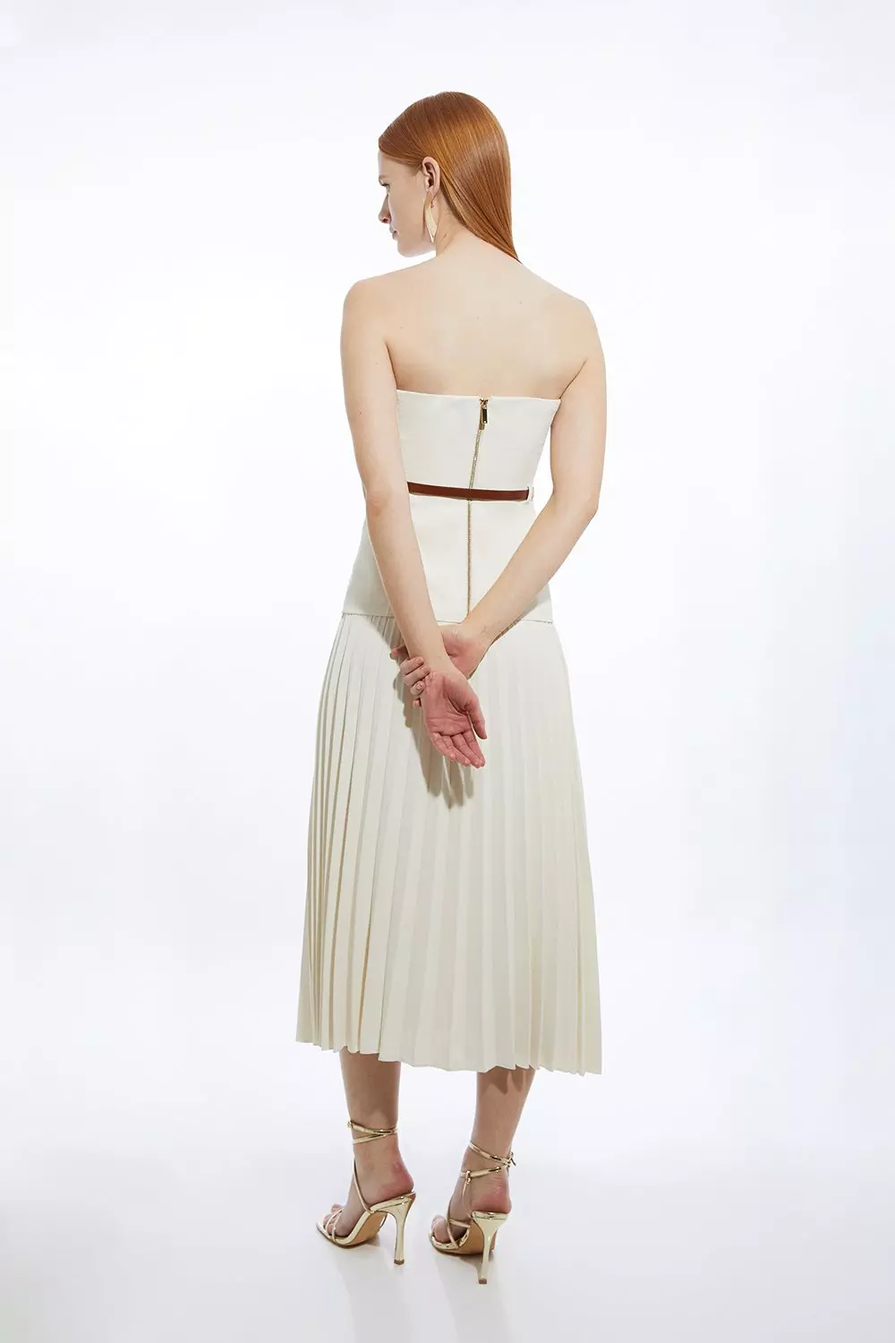 ★Karen Millen★プレミアムポンテフロントテーラードドレス Tailored Crepe Bandeau Pleated Full Skirted Maxi Dress