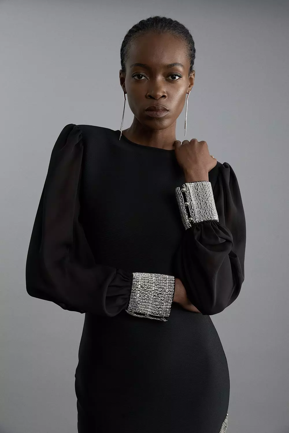 Figure Form Bandage Knit Embellished And Chiffon Sleeve Midi Dress alternative image