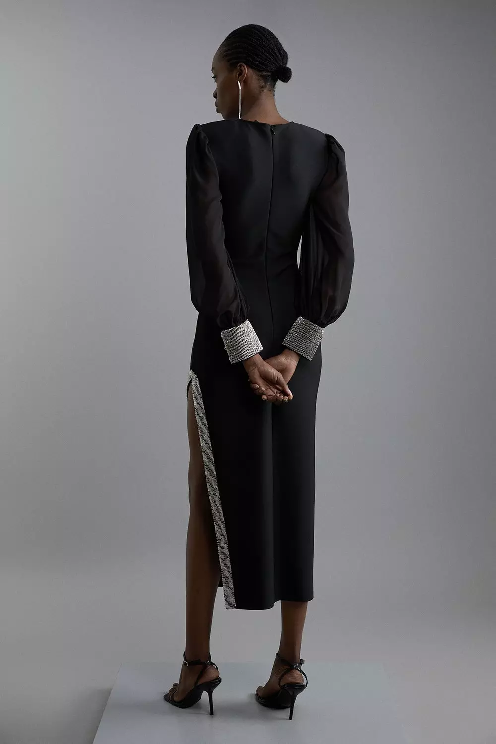 Figure Form Bandage Knit Embellished And Chiffon Sleeve Midi Dress alternative image