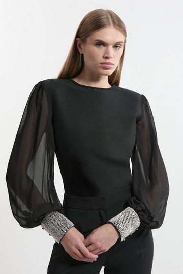 Figure Form Bandage Knit Embellished And Chiffon Sleeve Top black