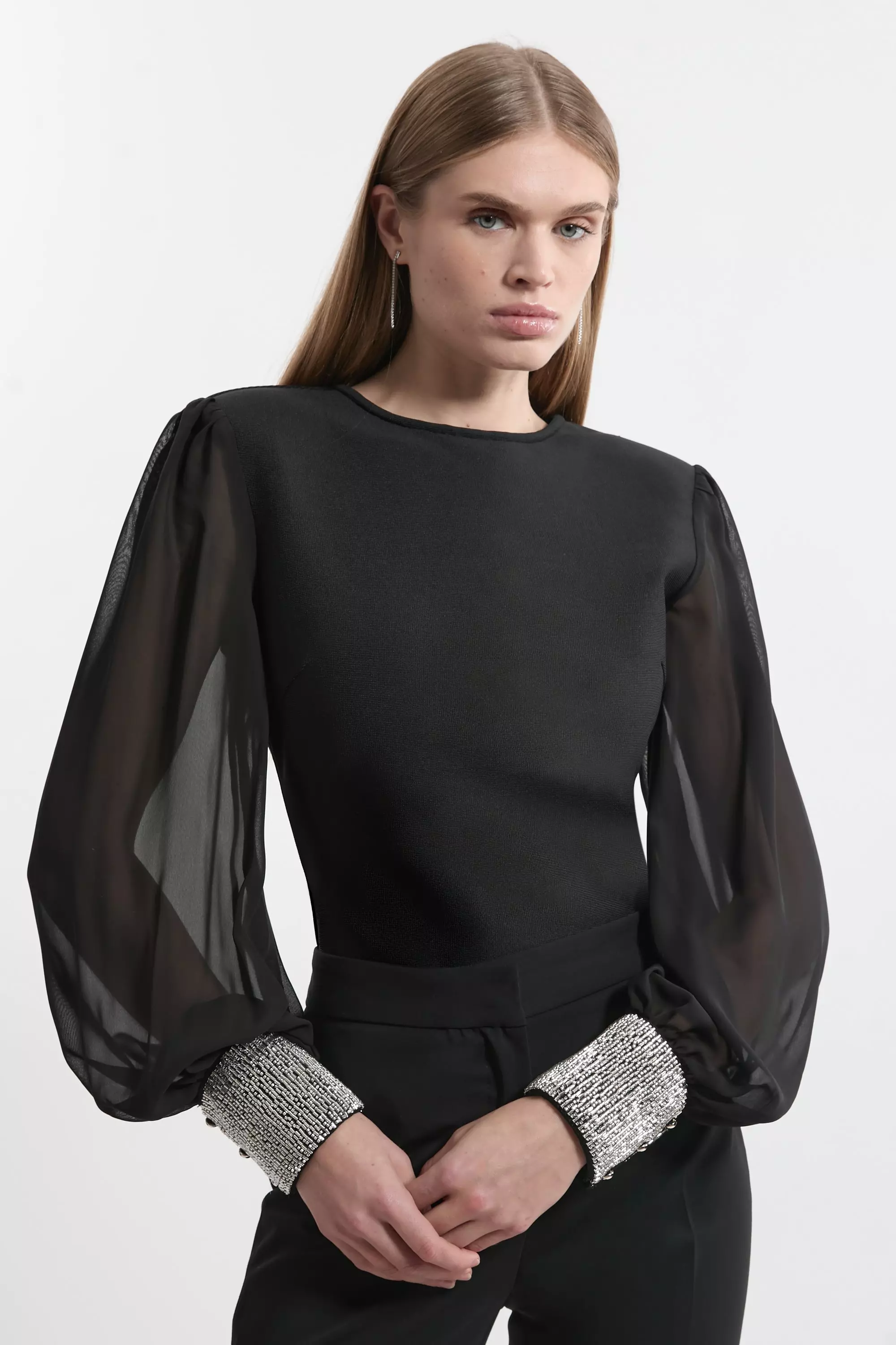 KAREN MILLEN テーラード オープン スリーブ ブレザー Figure Form Bandage Knit Embellished Top | Karen Millen
