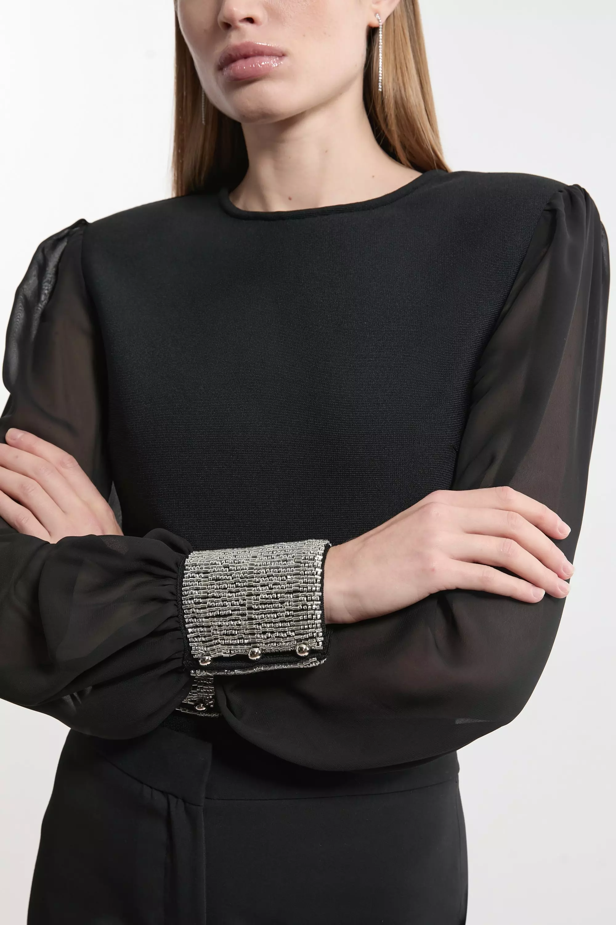 Figure Form Bandage Knit Embellished And Chiffon Sleeve Top