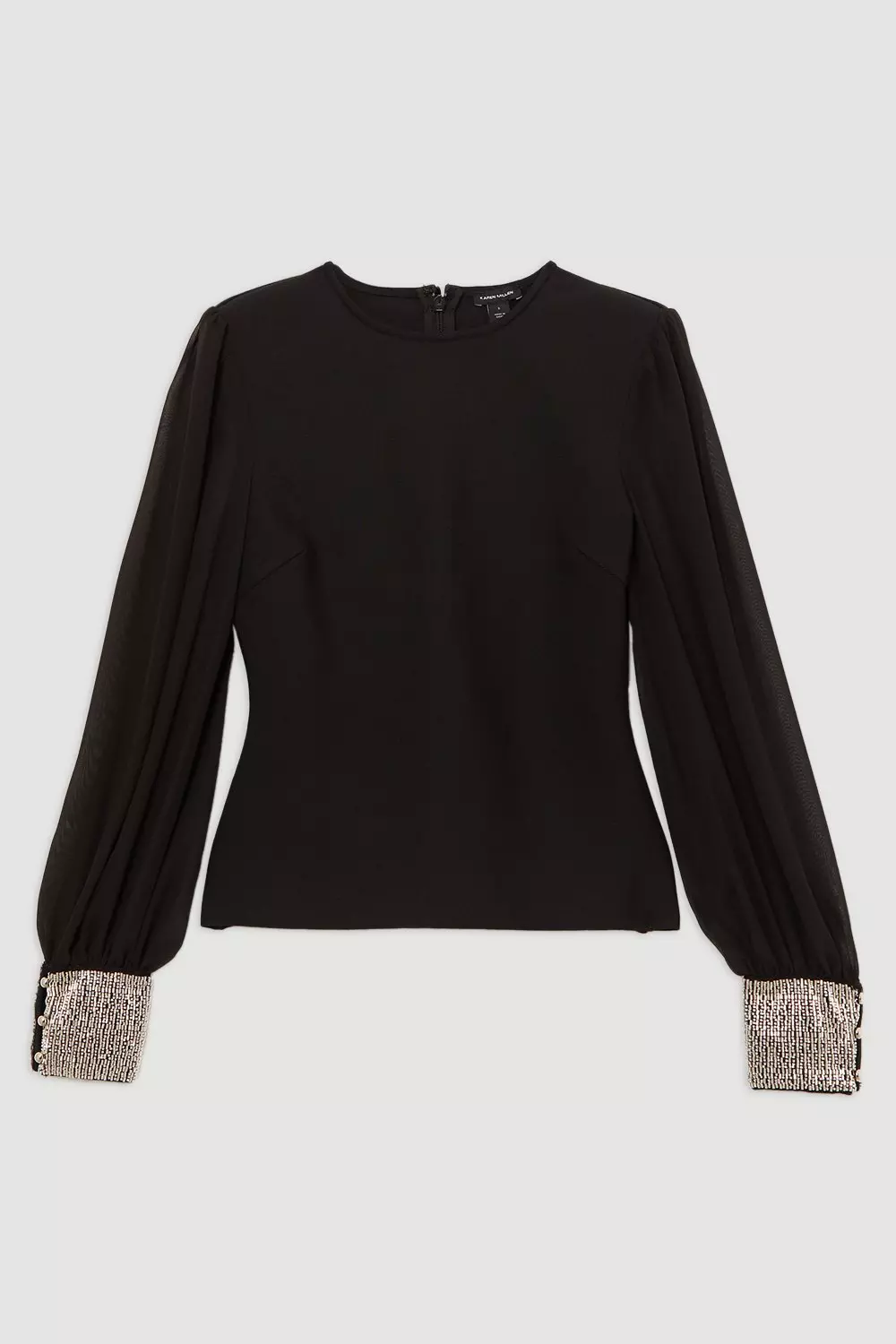 Figure Form Bandage Knit Embellished And Chiffon Sleeve Top