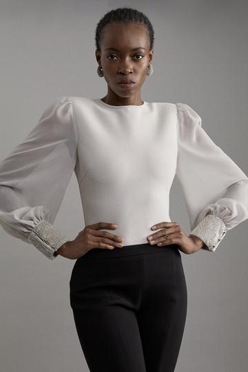 Silver Figure Form Bandage Knit Embellished And Chiffon Sleeve Top