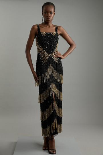 Petite Embellished Mirrored Fringe Strappy Maxi Dress black