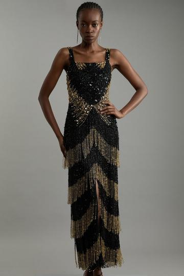 Black Embellished Mirrored Fringe Strappy Maxi Dress