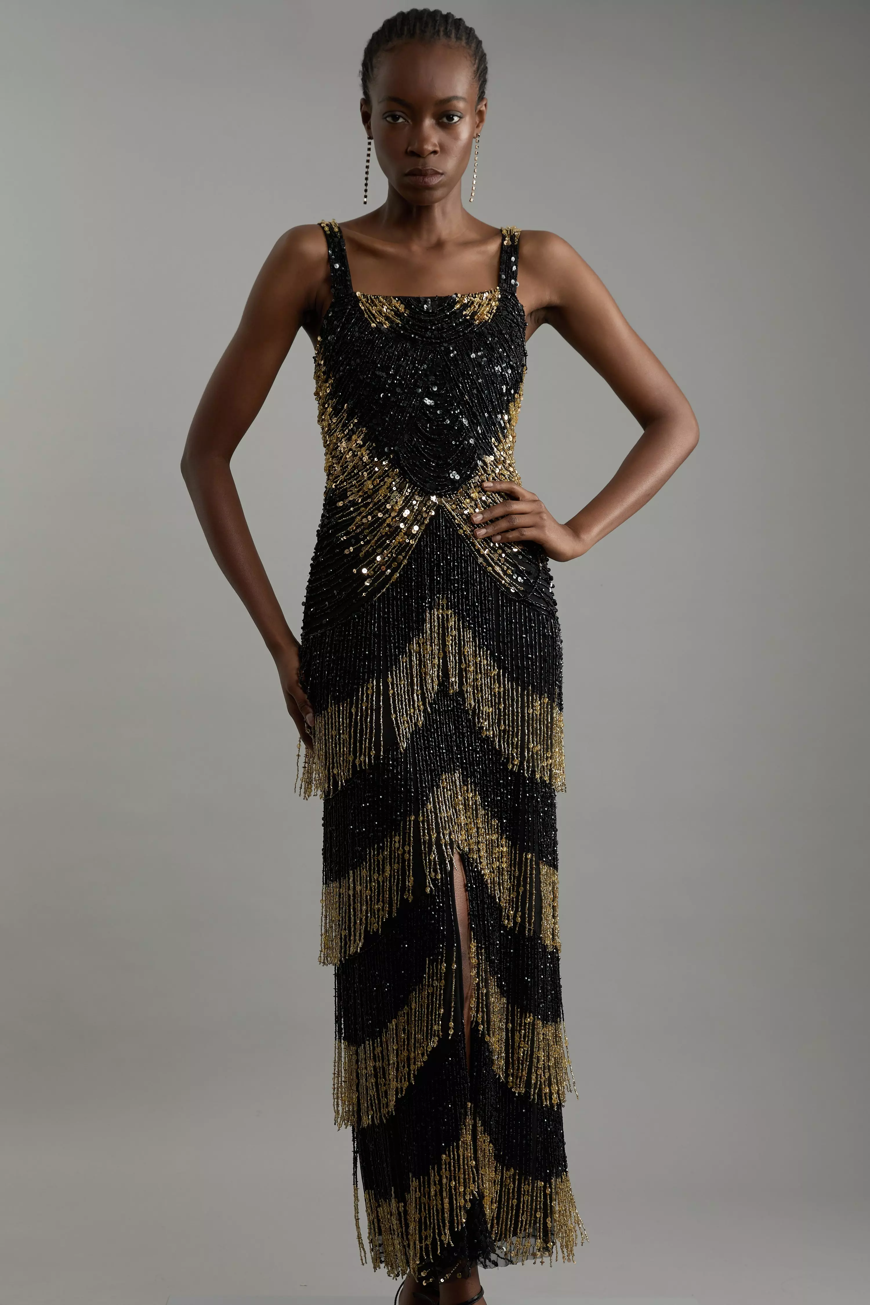 Embellished Mirrored Fringe Strappy Maxi Dress Karen Millen