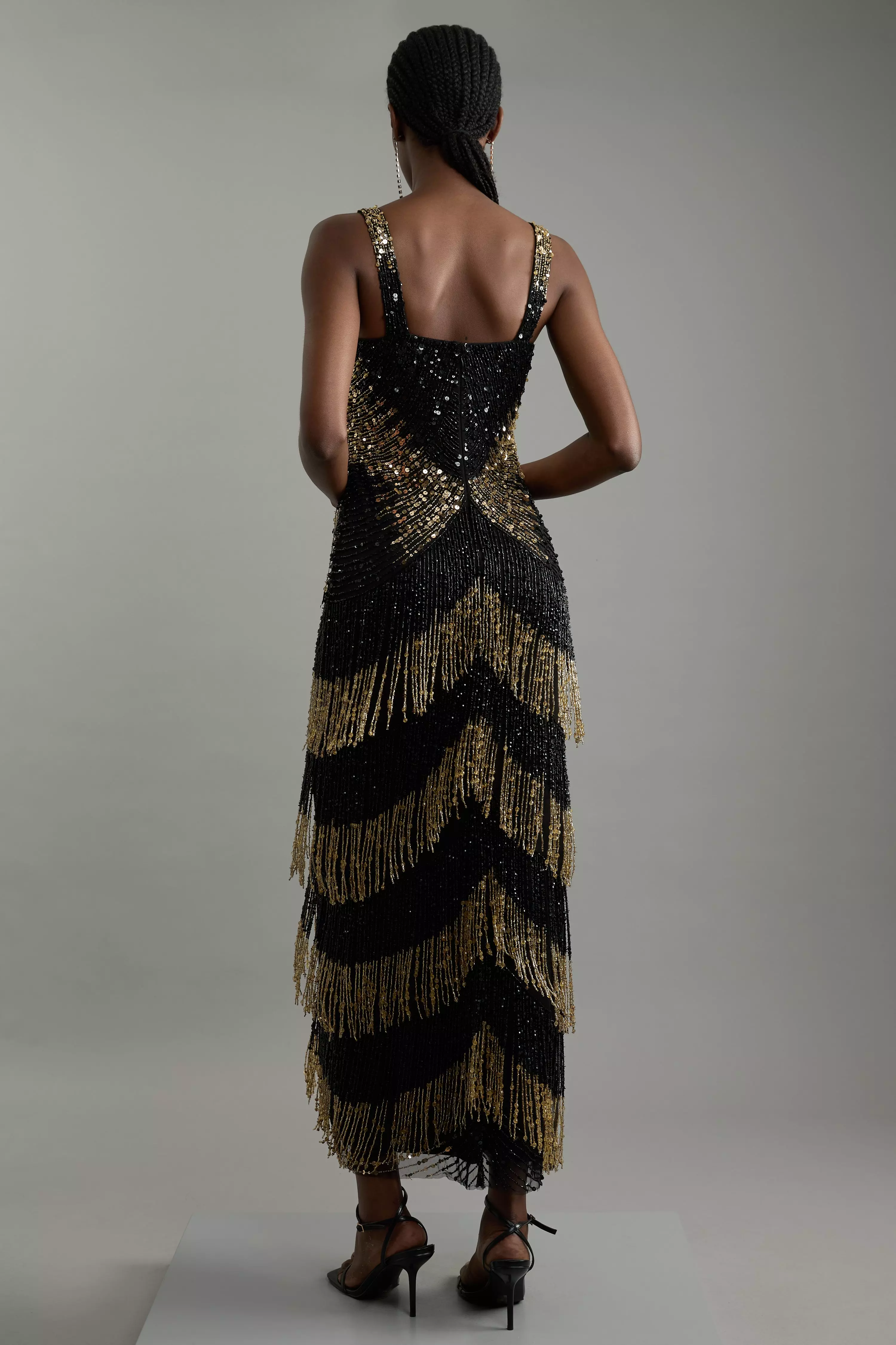 ★Karen Millen バンデージニットリボンタッセル 魅惑的マキシ Embellished Mirrored Fringe Strappy Maxi Dress | Karen Millen