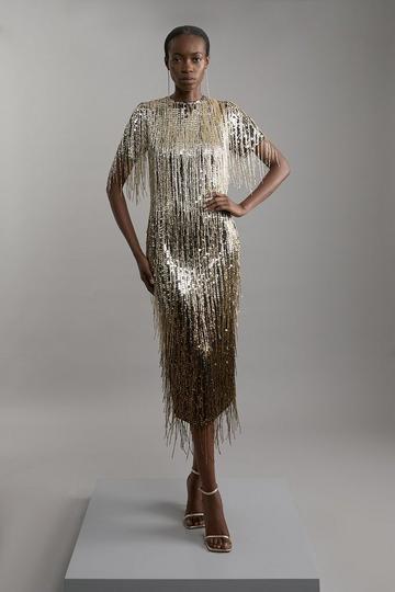 Gold Metallic Petite Embellished And Beaded Tassel Woven Maxi Dress