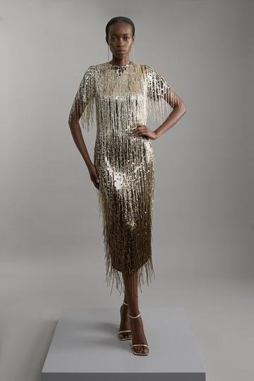 Gold Metallic Embellished And Beaded Tassel Woven Maxi Dress