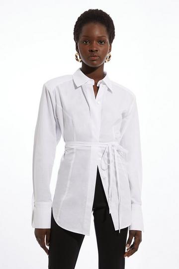 Cotton Poplin Waist Detail Longline Woven Shirt white