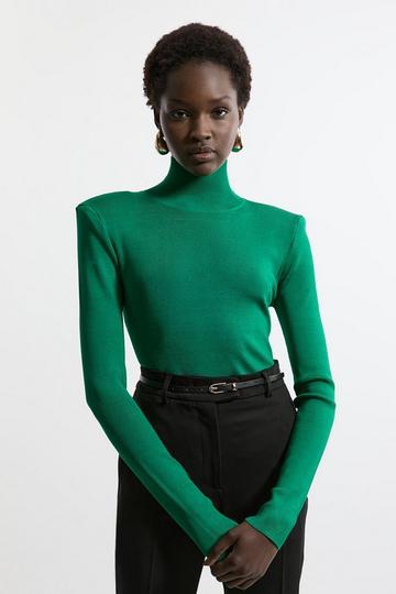 Slinky Drape Knit Power Shoulder Funnel Neck Top green