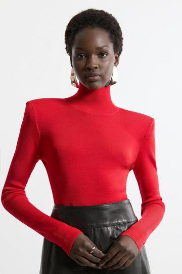 Red Slinky Drape Knit Power Shoulder Funnel Neck Top