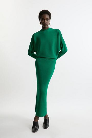 Green Slinky Drape Knit Bat Wing Pencil Midaxi Dress