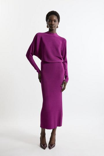 Slinky Drape Knit Bat Wing Pencil Midi Dress magenta