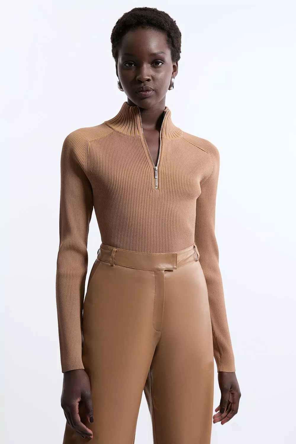 Camel Marled Knit Preppy Zip Polo alternative image