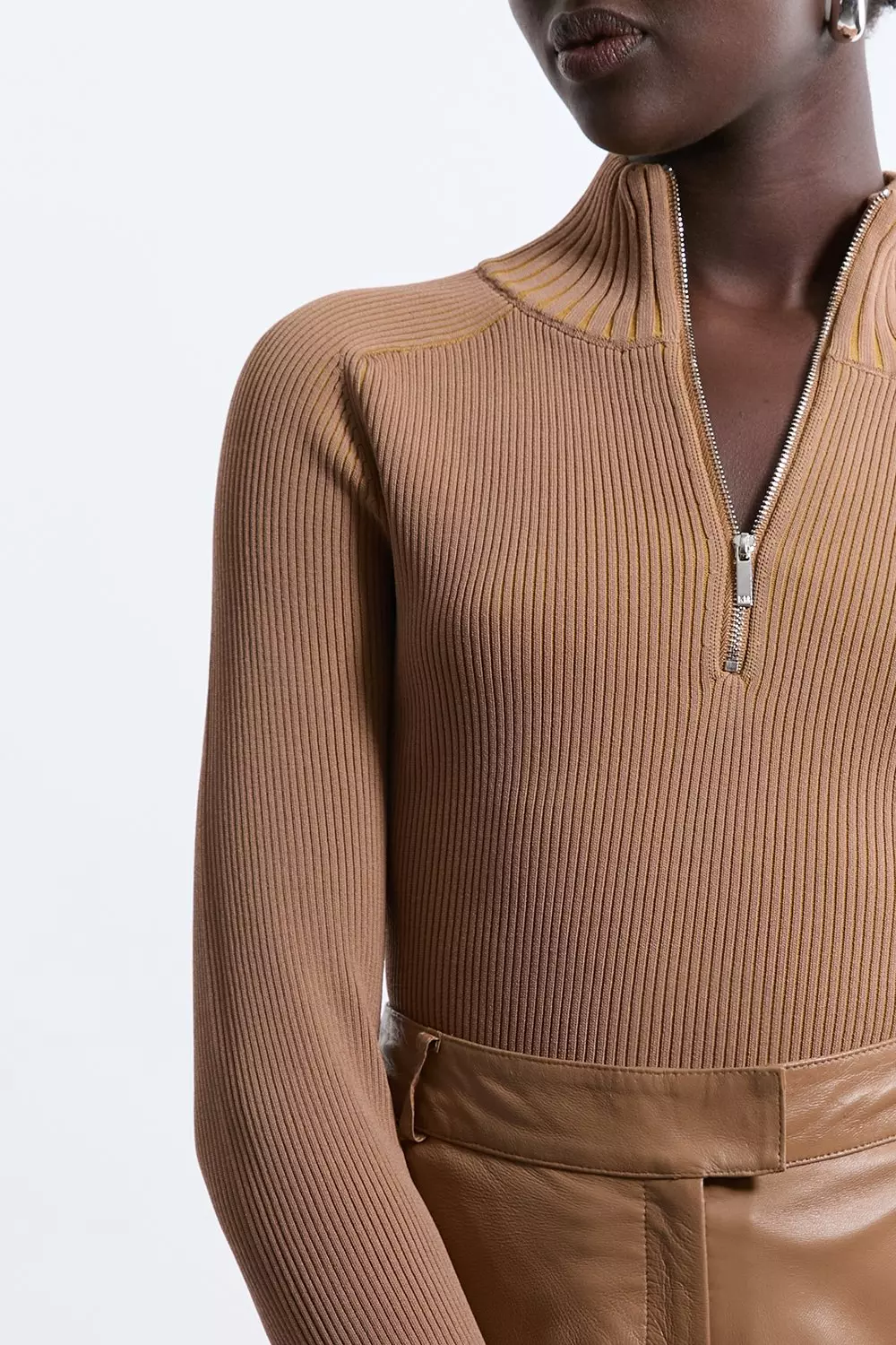 Camel Marled Knit Preppy Zip Polo alternative image