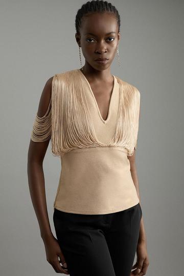 Figure Form Bandage Knit Fringe Detail Top champagne