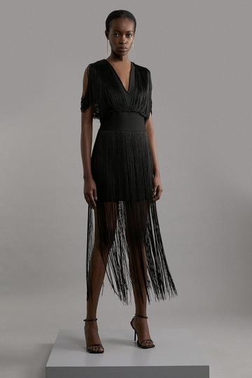 Black Figure Form Bandage Knit Fringe Detail Dress