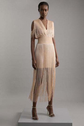 Champagne Beige Figure Form Bandage Knit Fringe Detail Dress