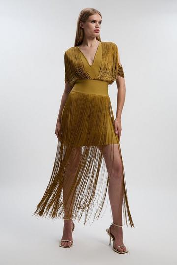 Gold Metallic Figure Form Bandage Knit Fringe Detail Dress