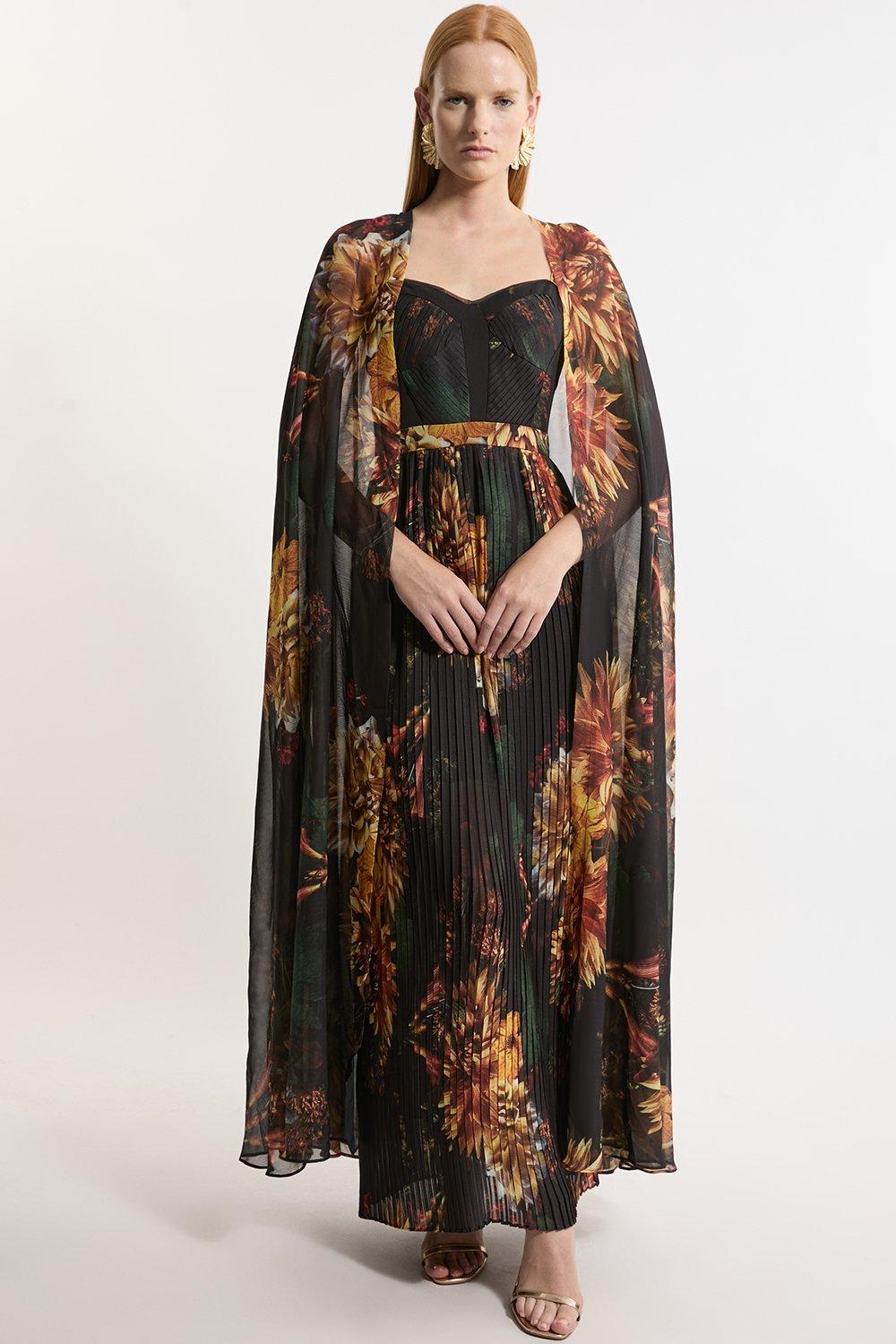 Dark Floral Print Woven Pleated Cape Maxi Dress Karen Millen