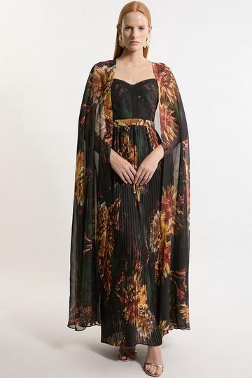 Multi Dark Floral Print Woven Pleated Cape Maxi Dress