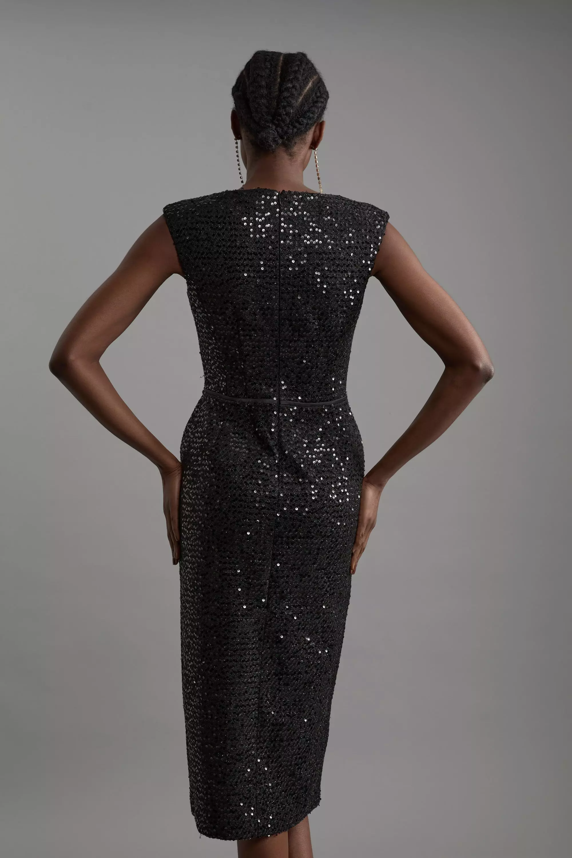 Tailored Sequin Tweed Drop Waist Midi Dress Karen Millen