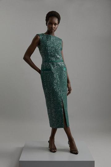 Tailored Sequin Tweed Drop Waist Midi Dress forest