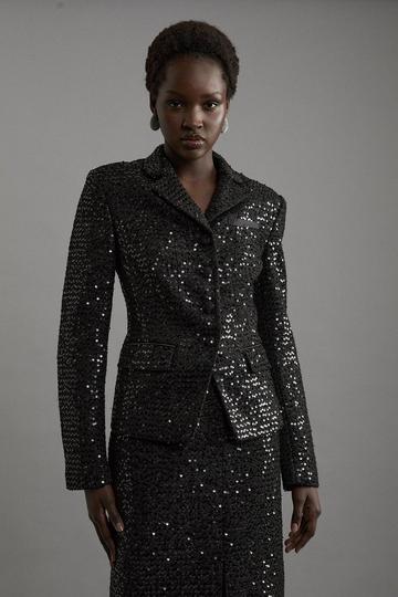 Tailored Sequin Tweed Single Breasted Blazer black