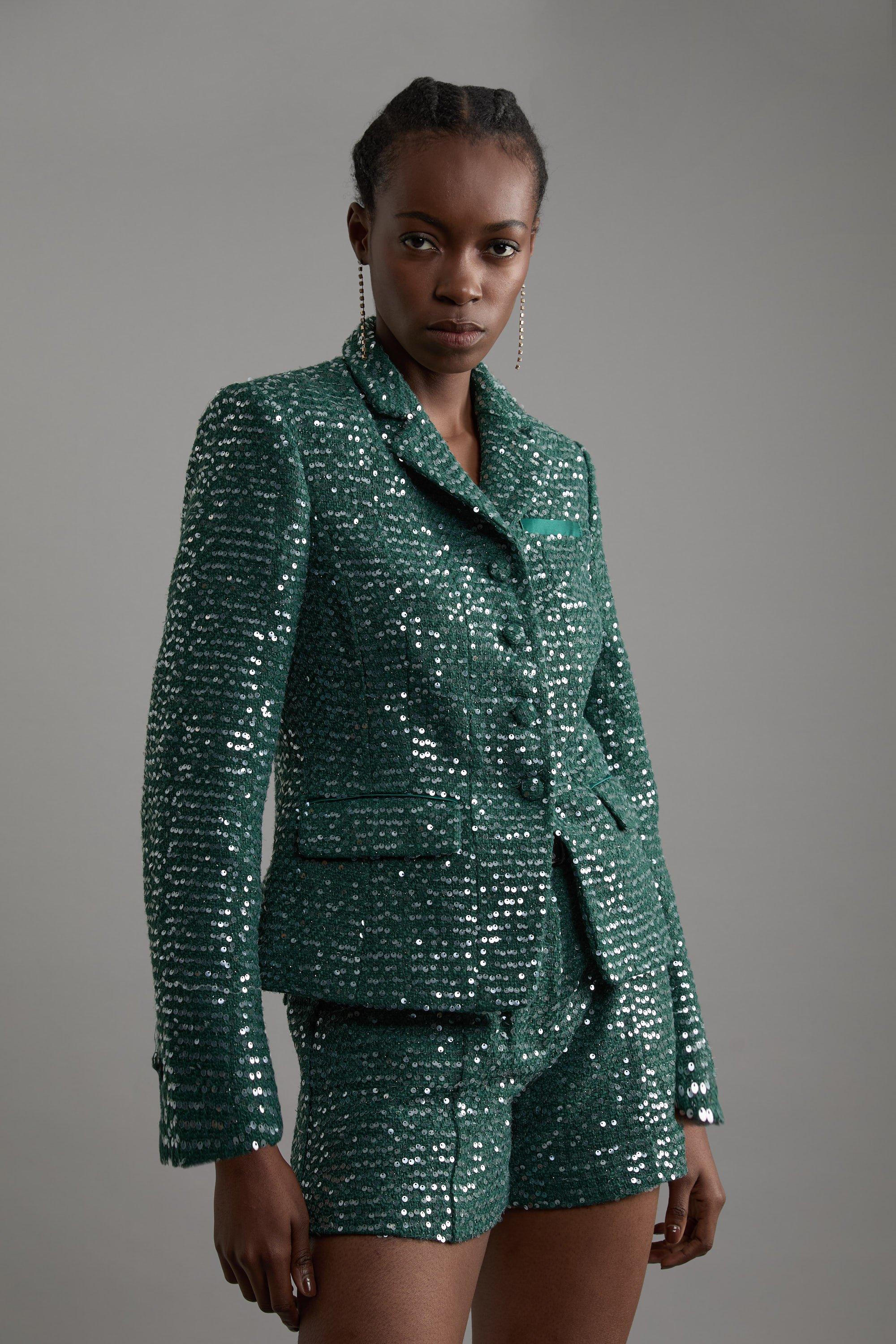 Forest Tailored Sequin Tweed Single Breasted Blazer