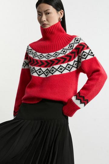 Red Fairisle Pattern Crew Neck Jumper