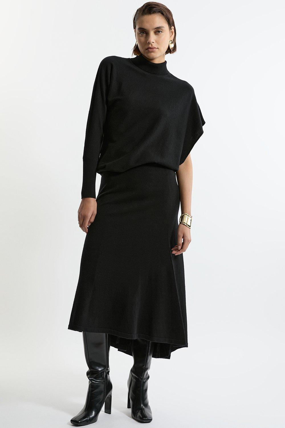 Black Wool Blend Knit High Low Midi Skirt Wool