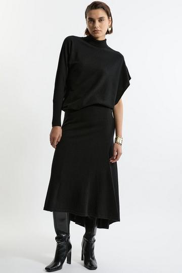 Black Wool Blend Knit High Low Midi Skirt Wool