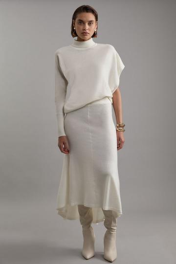 Wool Blend Knit High Low Midi Skirt Wool ivory