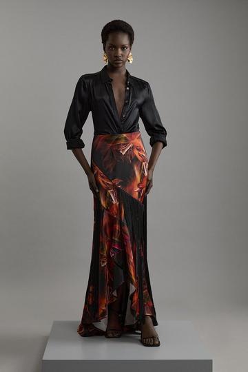 Multi Floral Heavy Satin Panelled Fringed Woven Maxi Skirt